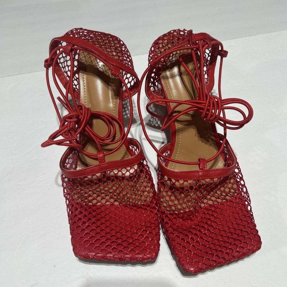 Women's Red Mesh Lace Up Heels Size 10 EU 41 Square Toe Strappy 3" Stiletto - Picture 2 of 8